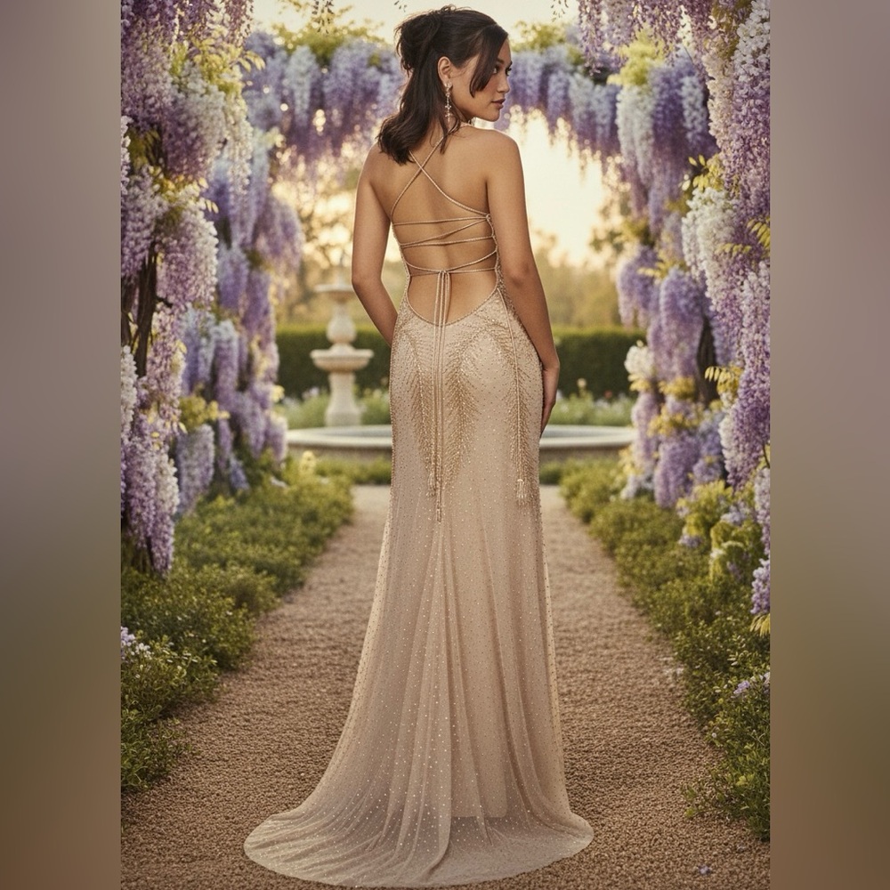 Elegant Beaded hand beaded, gold, Backless‎ Gown
